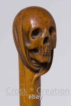Skull Head Handle Wooden Walking Stick Hand Carved Walking Cane Unique Gift