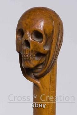 Skull Head Handle Wooden Walking Stick Hand Carved Walking Cane Unique Gift