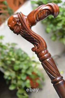 Skull Wooden Hand Carved Cane Rustic Walking Stick Natural Styled