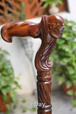 Skull Wooden Hand Carved Cane Rustic Walking Stick Natural Styled