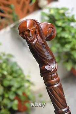 Skull Wooden Hand Carved Cane Rustic Walking Stick Natural Styled