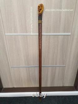 Skull handle hand carved wooden walking stick for men women cane gift