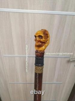 Skull handle hand carved wooden walking stick for men women cane gift