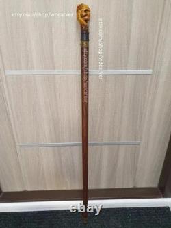 Skull handle hand carved wooden walking stick for men women cane gift