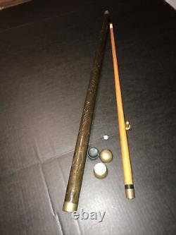 Smugglers Cane Pool Cue Carved Wood & Brass Ball Knob Walk Stick Crooked
