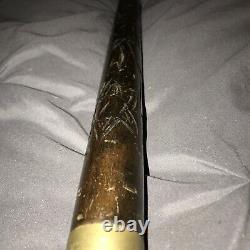 Smugglers Cane Pool Cue Carved Wood & Brass Ball Knob Walk Stick Crooked