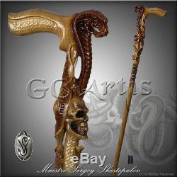 Snake Cobra Mamba & Skull Head Wooden Carved Hand Crafted Walking Stick Cane L