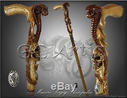 Snake Cobra Mamba & Skull Head Wooden Carved Hand Crafted Walking Stick Cane L