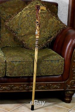 Snake Cobra Mamba & Skull Head Wooden Carved Hand Crafted Walking Stick Cane L