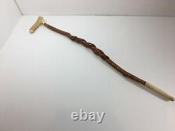 Snake Hand Carved Walking Stick Stag Horn Handle Wood Cane 37