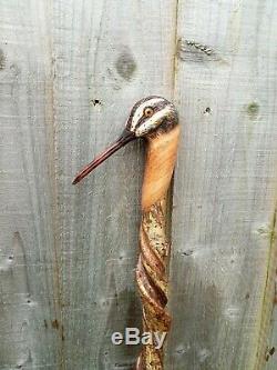 Snipe head carved by hand on spectacular hazel twister walking beating stick