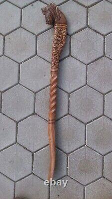 Solid Wood Hand Carved Lion Handmade Unique Wooden Walking Stick Cane