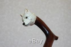 Spitz white walking cane Wood dog Hand carved handle and simple staff Woode NW57