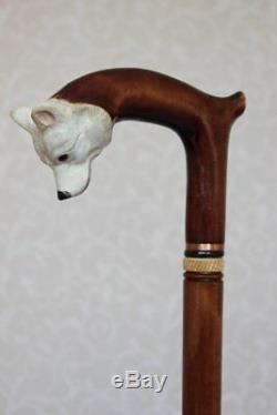 Spitz white walking cane Wood dog Hand carved handle and simple staff Woode NW57