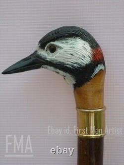 Spotted Woodpecker Walking Stick Wooden Hand Carved Walking Cane Xmas Best Gift