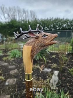 Stag Deer Antler Walking Stick Hand-Carved Handle Cane 36-37 Ash Wood