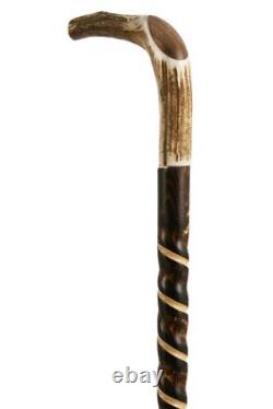 Staghorn Handle Carved Spiral Hazel Walking Stick