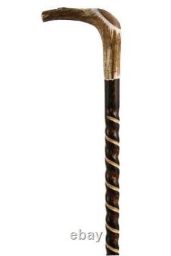 Staghorn Handle Carved Spiral Hazel Walking Stick