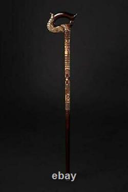 Steampunk Goat Walking Stick, Crafted Wooden Cane f. Gift, Long Hand Carved Horn