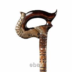 Steampunk Goat Walking Stick, Crafted Wooden Cane f. Gift, Long Hand Carved Horn
