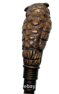 Stunning walking cane walking stick with figural owl head carving c. 1900