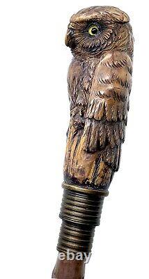 Stunning walking cane walking stick with figural owl head carving c. 1900