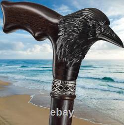 Stylish Walking Stick Gothic Crow Cane, Handmade Wooden Carved Head for Adults