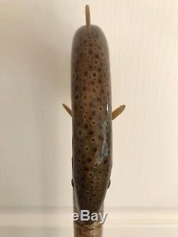 Superb Hand Carved Rams Horn Salmon 53 Hazel Shaft Walking Stick by Ian Taylor