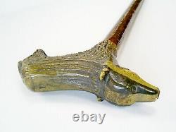 Superb Hand Carved Stag Horn/antler Badger Handle Hazel Shaft Walking Stick/cane