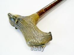 Superb Hand Carved Stag Horn/antler Badger Handle Hazel Shaft Walking Stick/cane