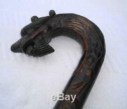 Superb Rare Antique Carved Wood & Bronze Dragon & Ball Chinese Walking Stick