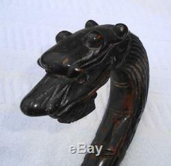 Superb Rare Antique Carved Wood & Bronze Dragon & Ball Chinese Walking Stick