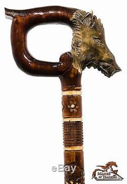 Superb''the Boar'' Carved Wooden Walking Stick With Ornaments Piece Of Art