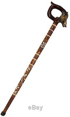 Superb''the Boar'' Carved Wooden Walking Stick With Ornaments Piece Of Art