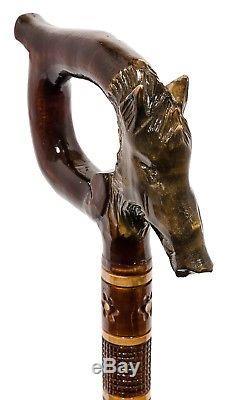 Superb''the Boar'' Carved Wooden Walking Stick With Ornaments Piece Of Art