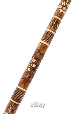 Superb''the Boar'' Carved Wooden Walking Stick With Ornaments Piece Of Art