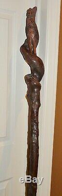 TWISTED SHILLELAGHHand CarvedHALLOWEEN WITCHES CAT TOPWood Walking Stick66