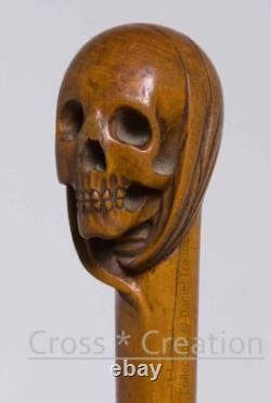 Terminator wood Skull head hand Handle Stick Wooden Carved Walking Cane handmade