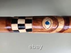 Unique Antique Gnarled Wood Folk Art Walking Stick with Carved Masonic Symbols