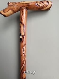 Unique Antique Gnarled Wood Folk Art Walking Stick with Carved Masonic Symbols
