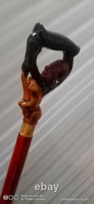 Unique Hand Carved Goat And Bear Handle Wooden Walking Stick Cane Designer Gift