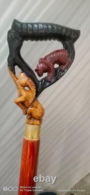 Unique Hand Carved Goat And Bear Handle Wooden Walking Stick Cane Designer Gift