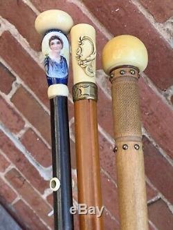 Unique Rare Antique Carved & Portrait Painted Wood Cane Walking Sticks Lot