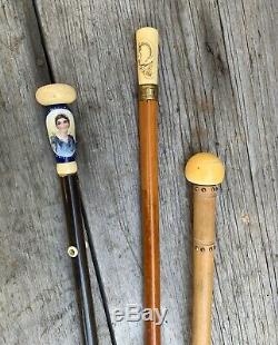 Unique Rare Antique Carved & Portrait Painted Wood Cane Walking Sticks Lot