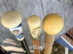 Unique Rare Antique Carved & Portrait Painted Wood Cane Walking Sticks Lot