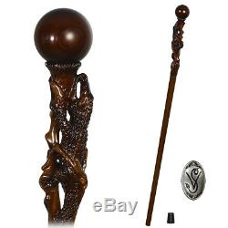 Unique Walking Stick Cane Alligator Caiman Crocodile Wood carved Ball Knob Staff