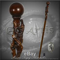 Unique Walking Stick Cane Alligator Caiman Crocodile Wood carved Ball Knob Staff