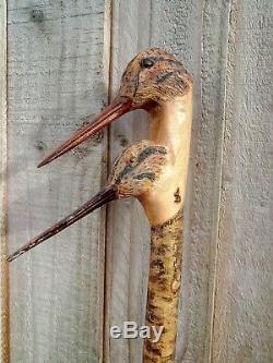 Unique Woodcock and Snipe Double head carved by hand on hazel, walking stick