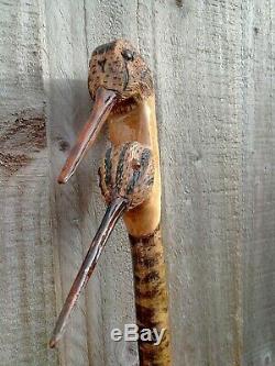 Unique Woodcock and Snipe Double head carved by hand on hazel, walking stick