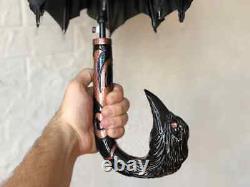 Unique umbrella raven Hand carved wooden umbrella Raven Wooden stick Design